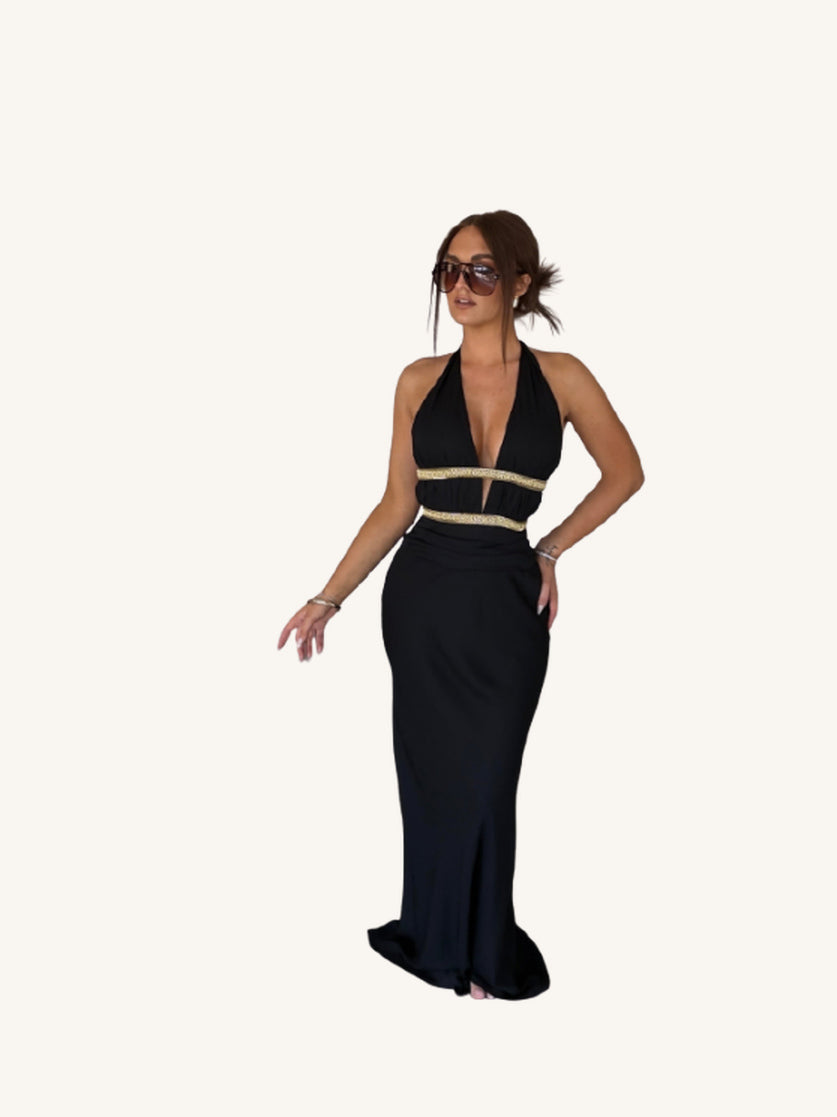 Robe Longue Décolleté Plongeant Noire et Dorée