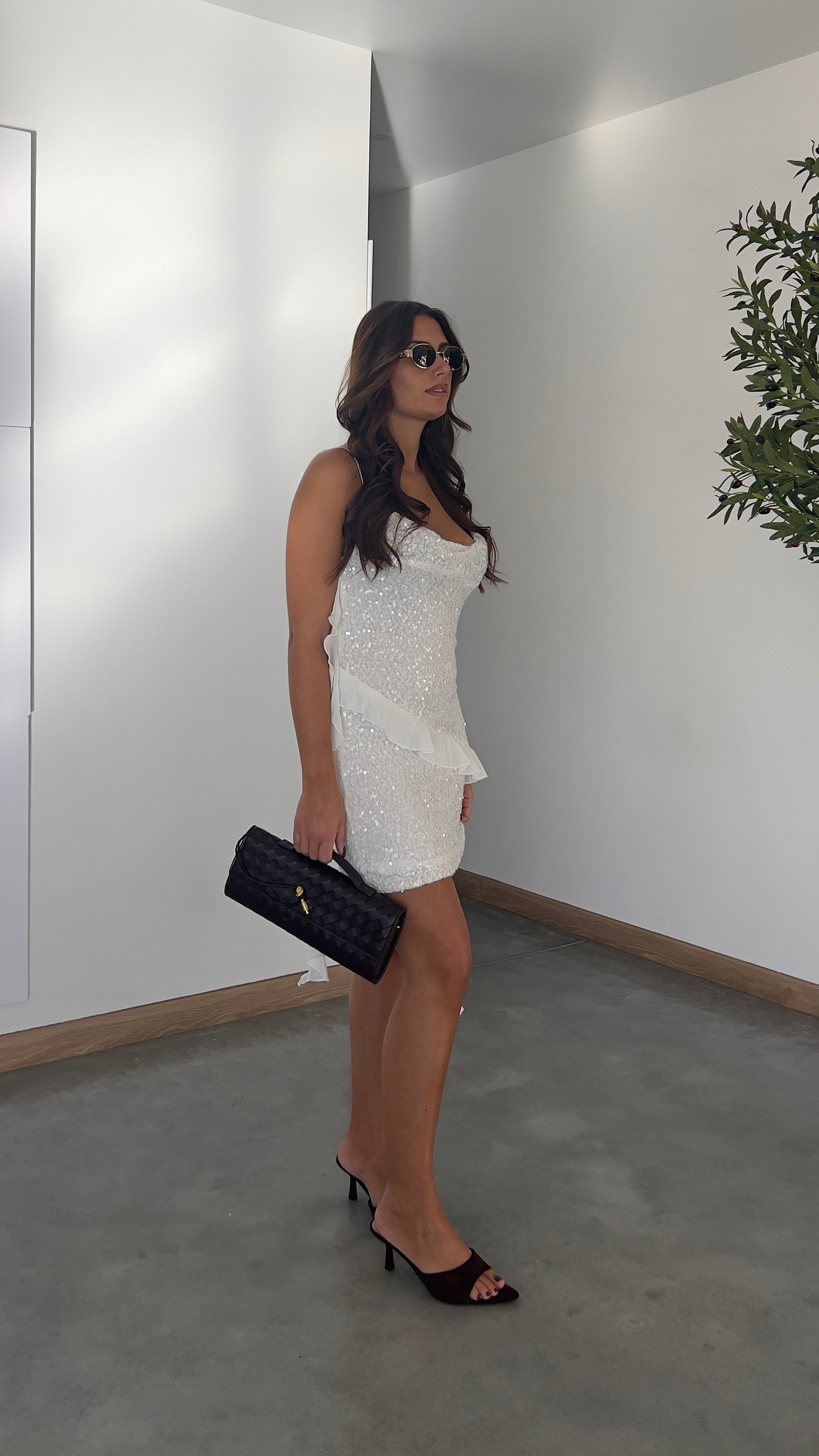 Robe Sequin Volants Blanche